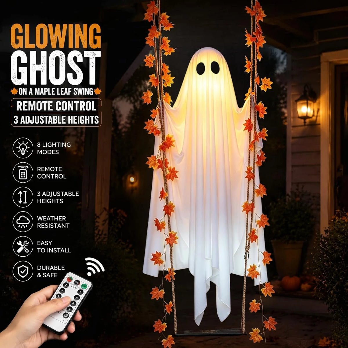 Hanging Halloween ghost swing decoration with LED string lights, view 1