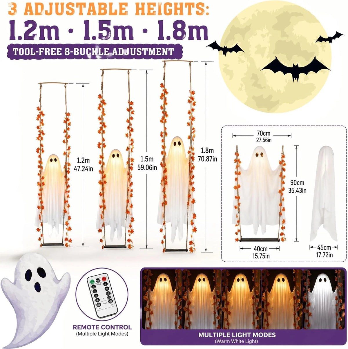 Hanging Halloween ghost swing decoration with LED string lights, view 2