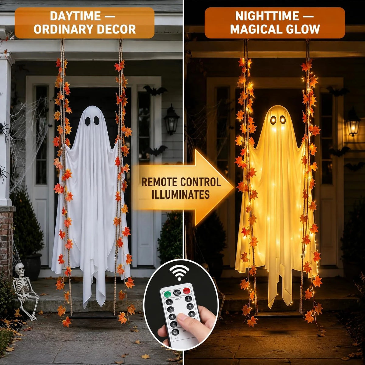 Hanging Halloween ghost swing decoration with LED string lights, view 4