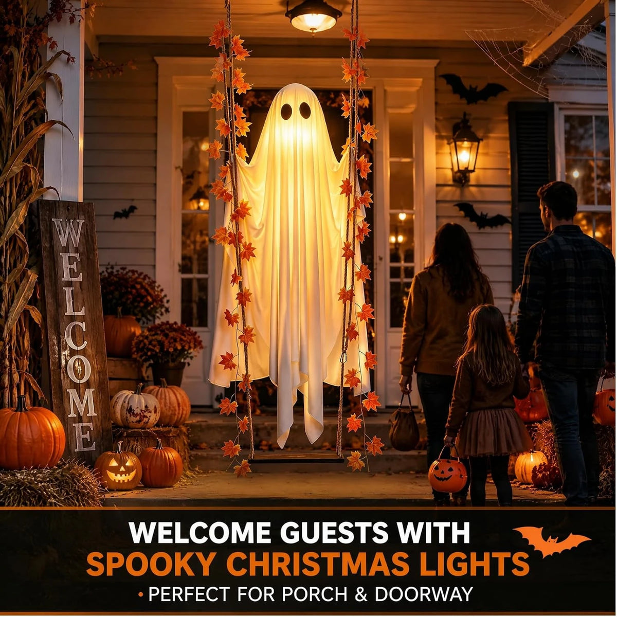 Hanging Halloween ghost swing decoration with LED string lights, view 3