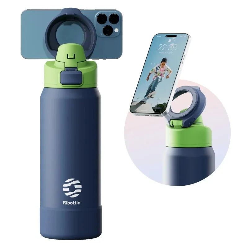 Fjbottle stainless steel sports water bottle with magnetic phone holder, view 1