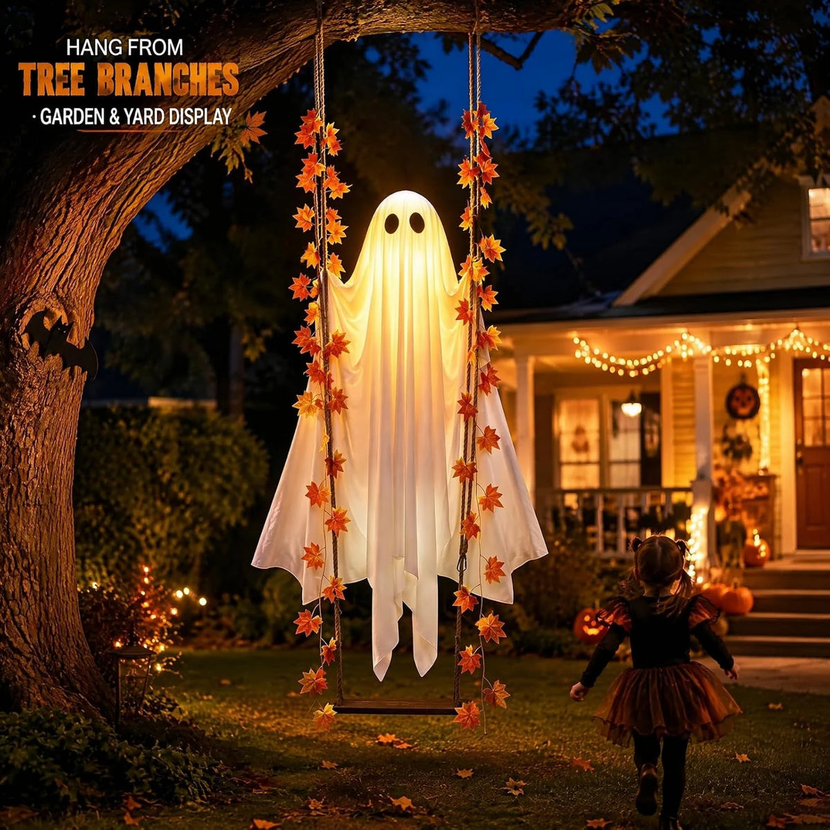 Hanging Halloween ghost swing decoration with LED string lights, view 5